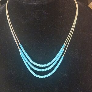 Vintage American Indian Handmade 3 Strand Liquid Silver Turquoise Necklace